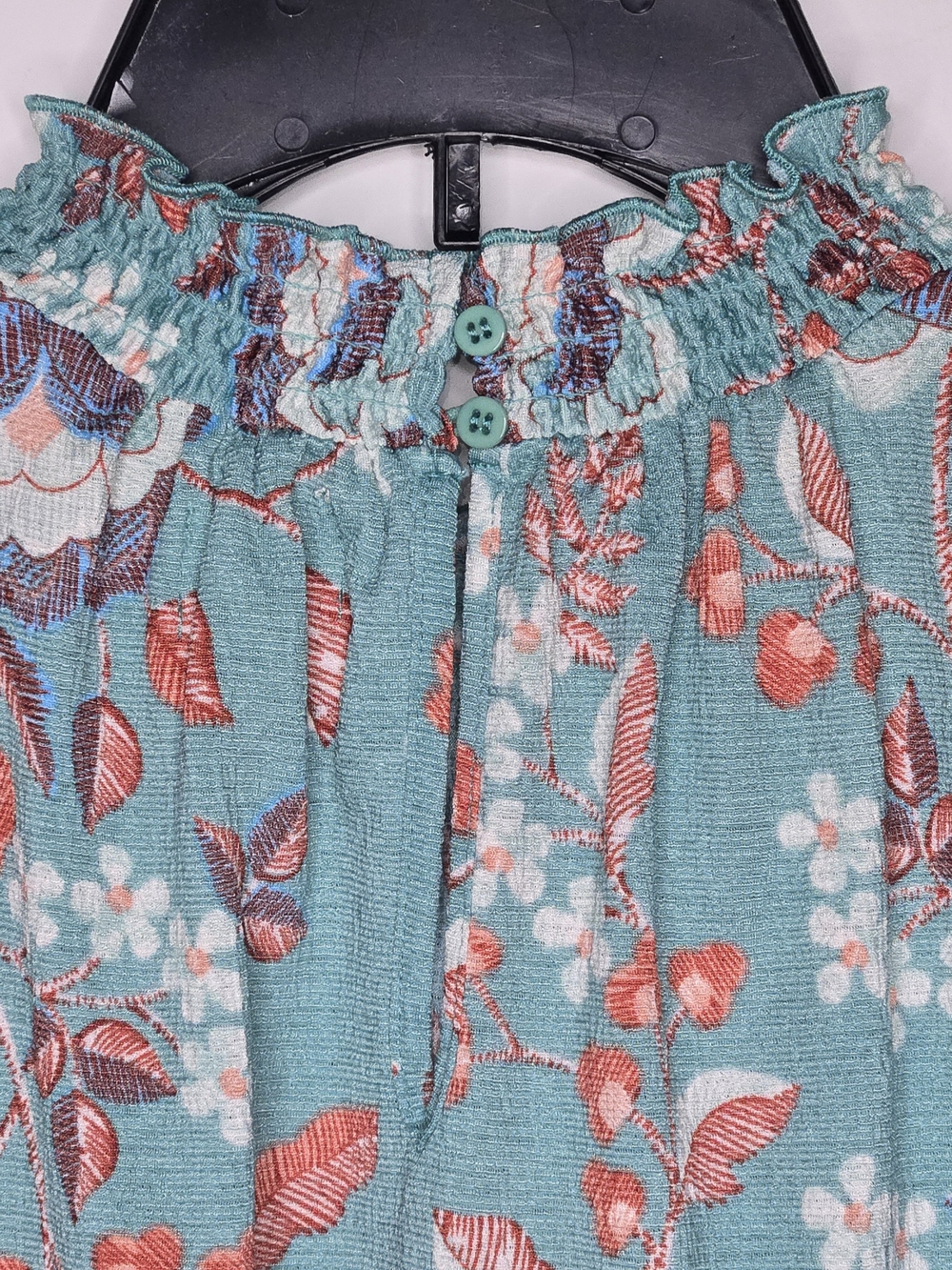 MELLODAY Teal Floral Smocked Ruffle Neck Flutter Sleeve Camisole - M - Picture 6 of 13